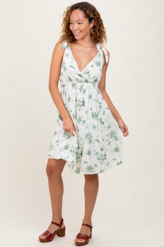 ivory green floral knotted wrap v-neck dress