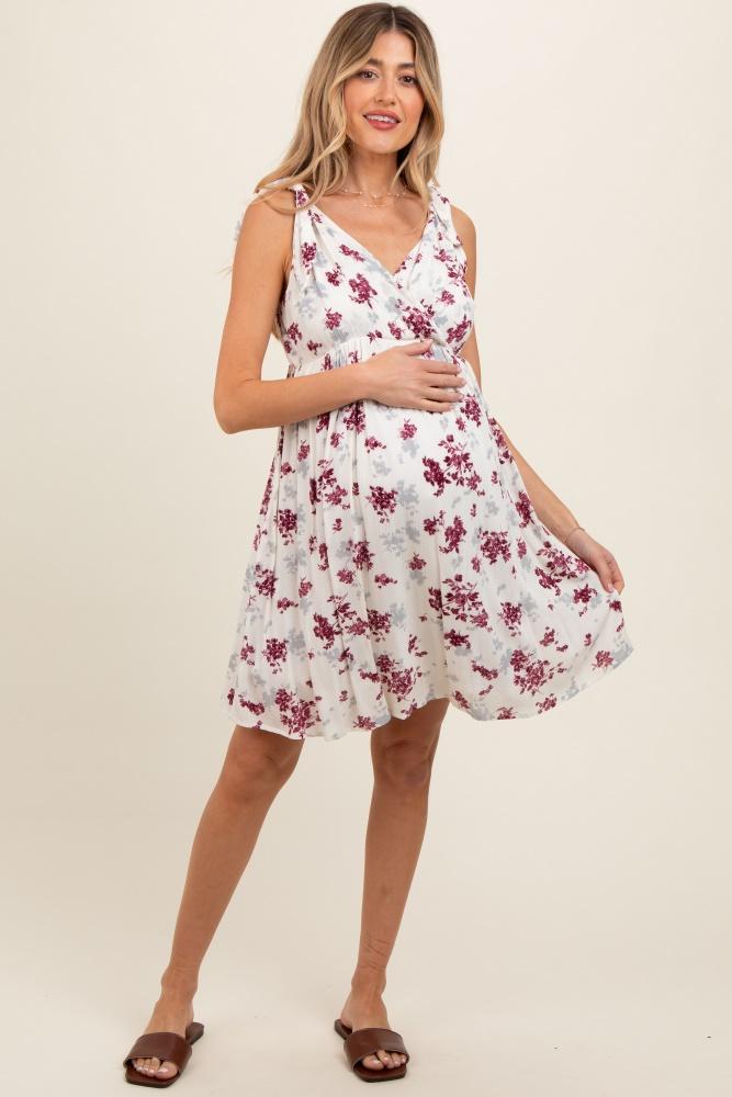 ivory mauve floral knotted wrap v-neck maternity dress