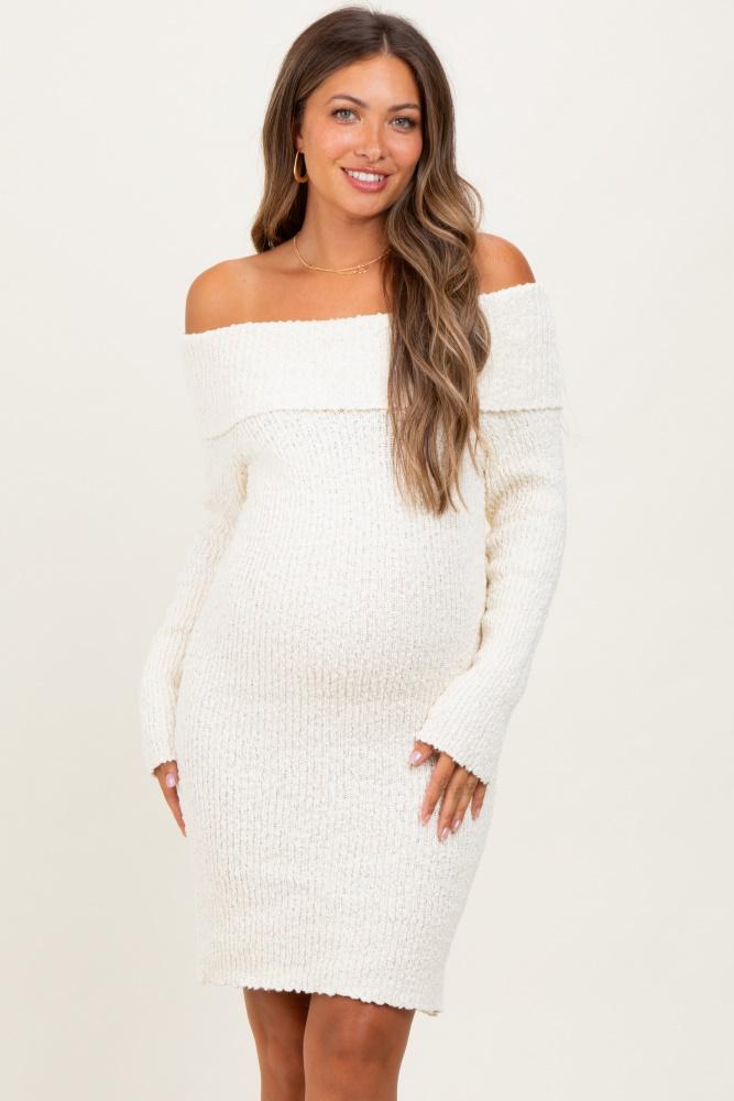 ivory off the shoulder knit sweater maternity mini dress