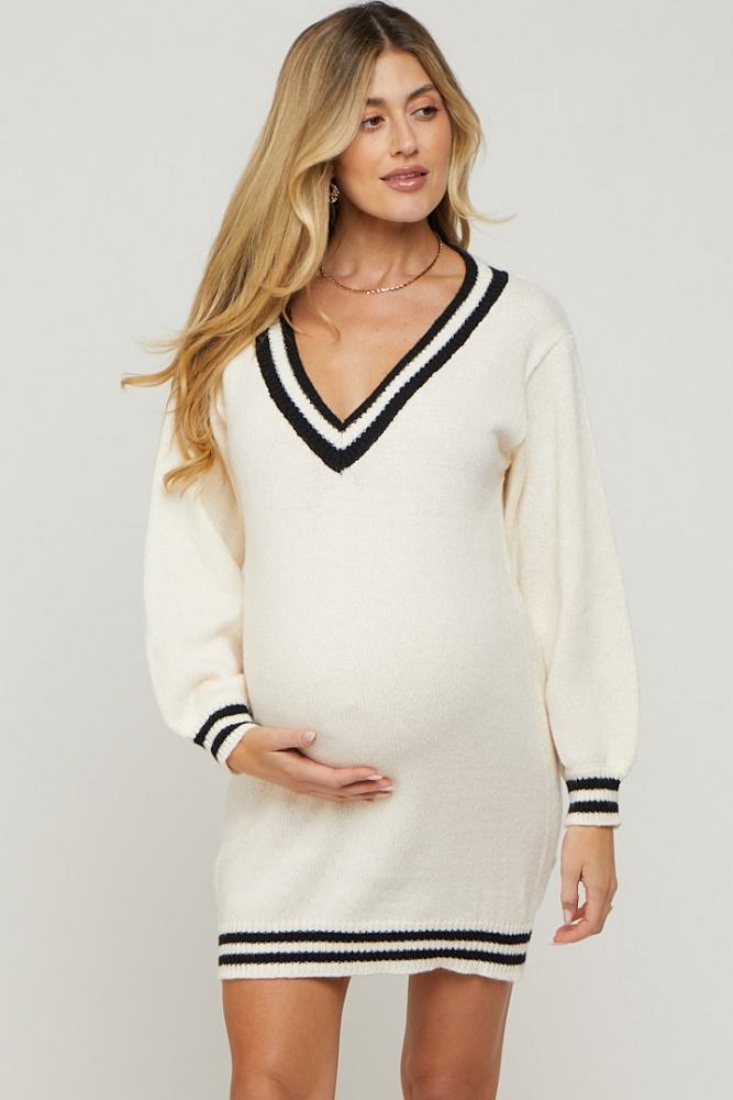 ivory oversized varsity striped v-neck maternity sweater dress