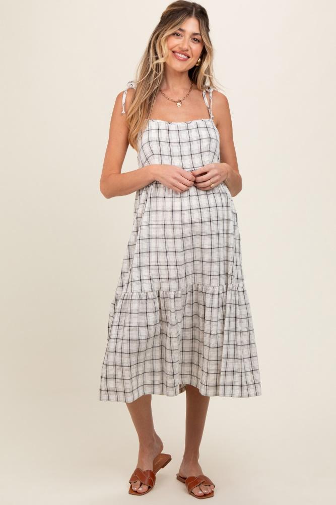 ivory plaid shoulder tie maternity midi dress