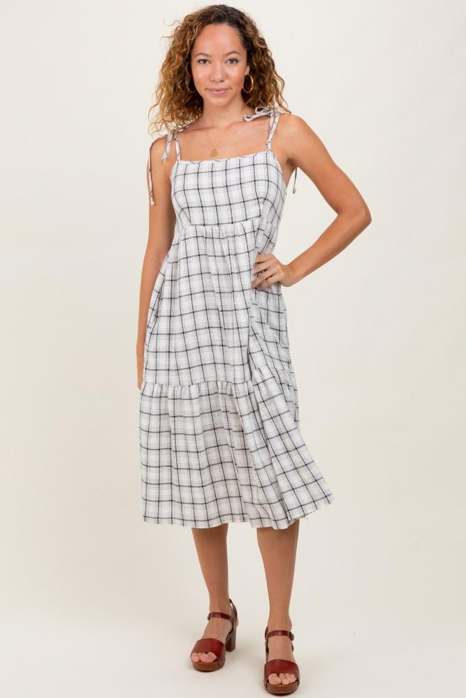 ivory plaid shoulder tie midi dress