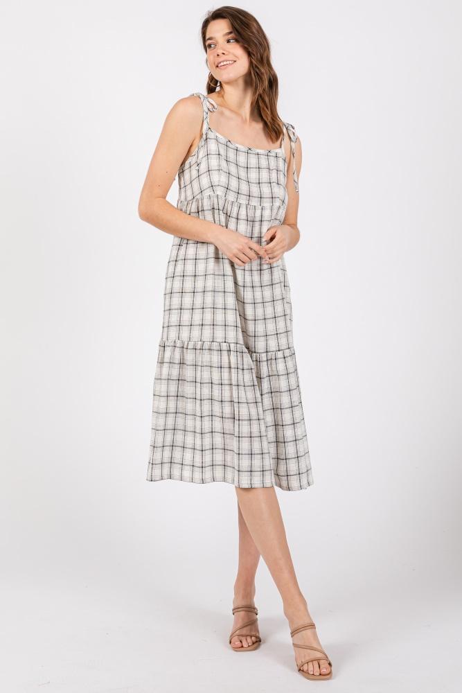 ivory plaid shoulder tie midi dress
