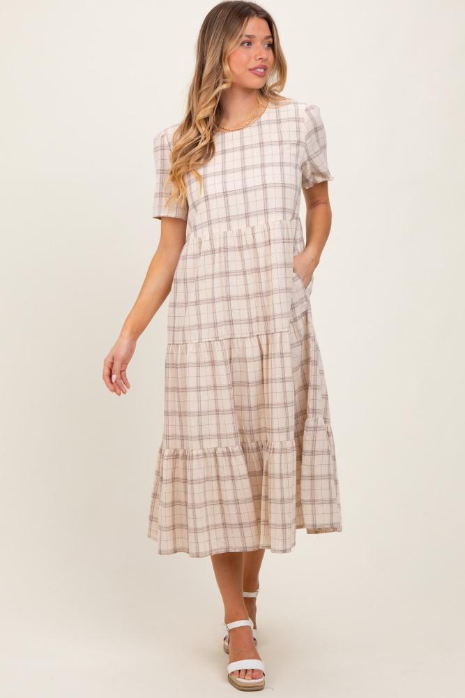 ivory plaid tiered short sleeve dress