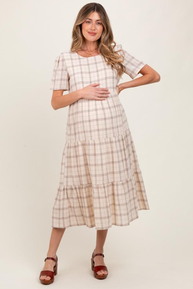 ivory plaid tiered short sleeve maternity dress