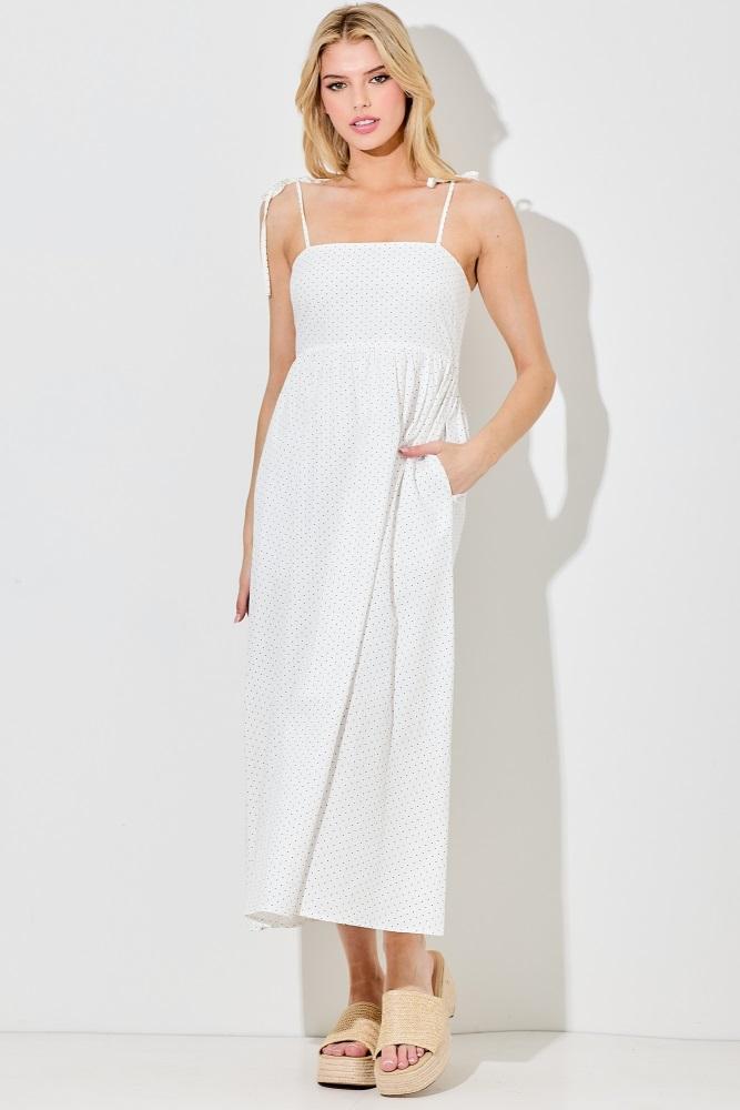 ivory polka dot shoulder tie midi dress
