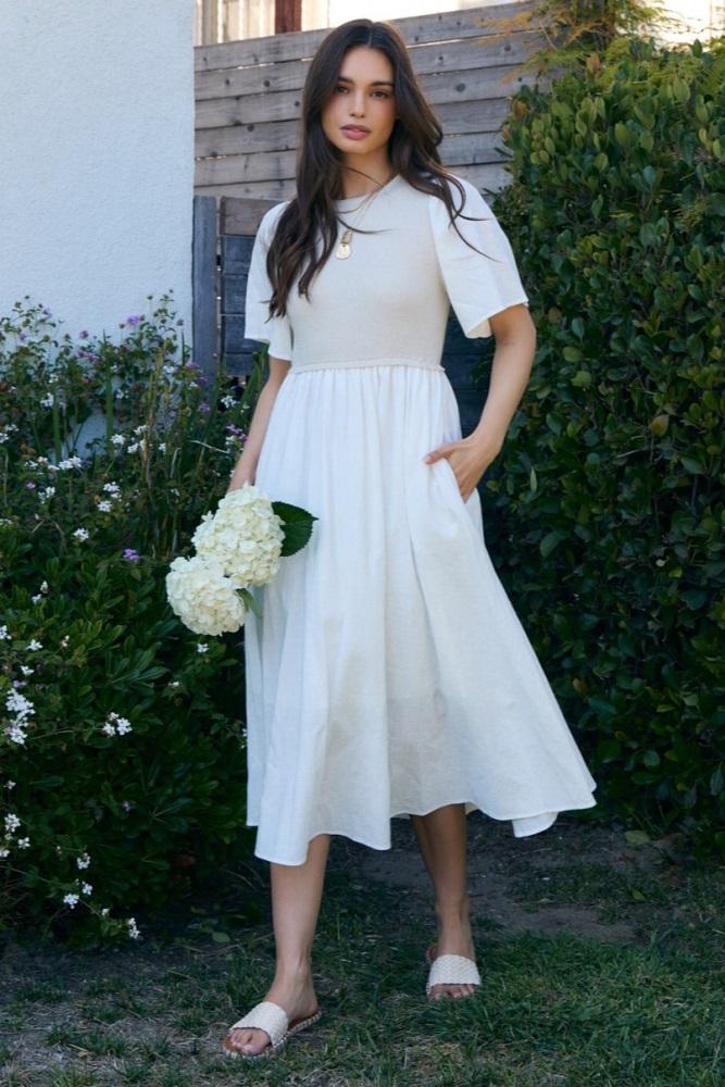 ivory ribbed knit contrast top midi dress