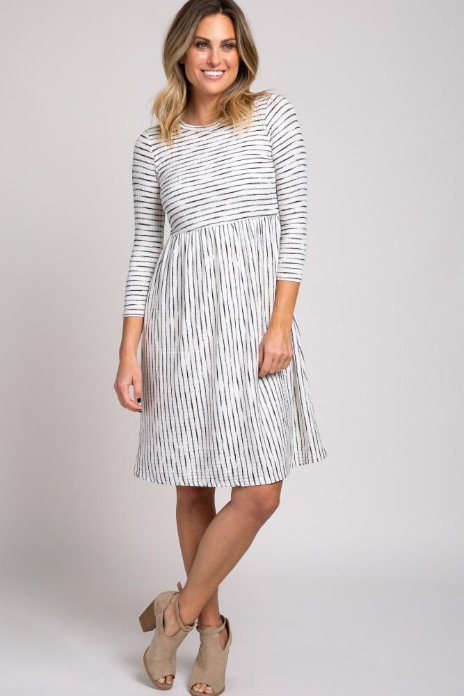 ivory ribbed striped pleated midi dress