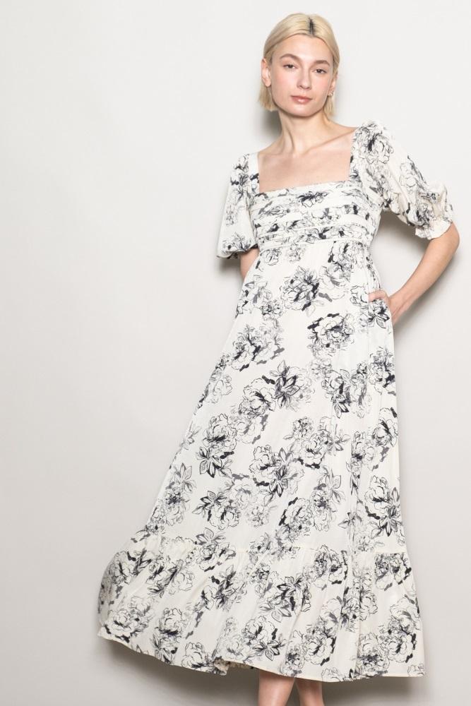 ivory rose print pleated bodice maxi dress
