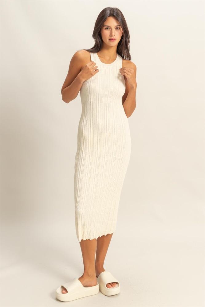 ivory round neck bodycon ribbed knit midi dress