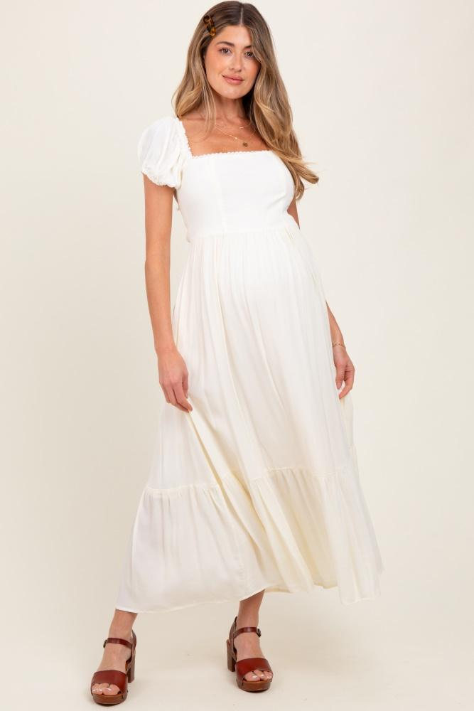 ivory ruffle detail square neck maternity maxi dress