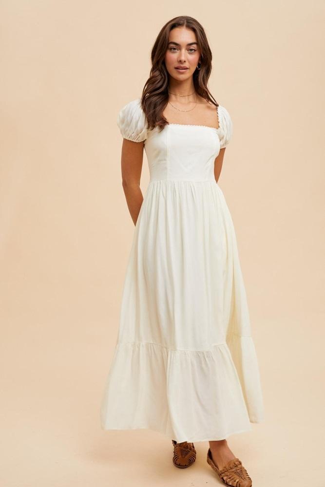 ivory ruffle detail square neck maxi dress