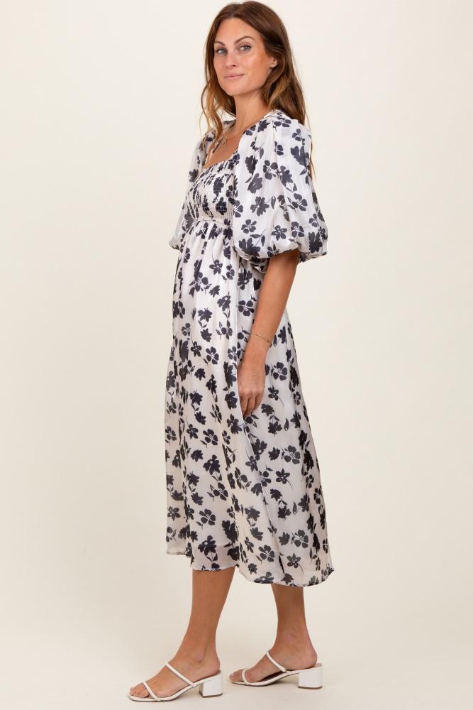 ivory satin floral smocked midi dress