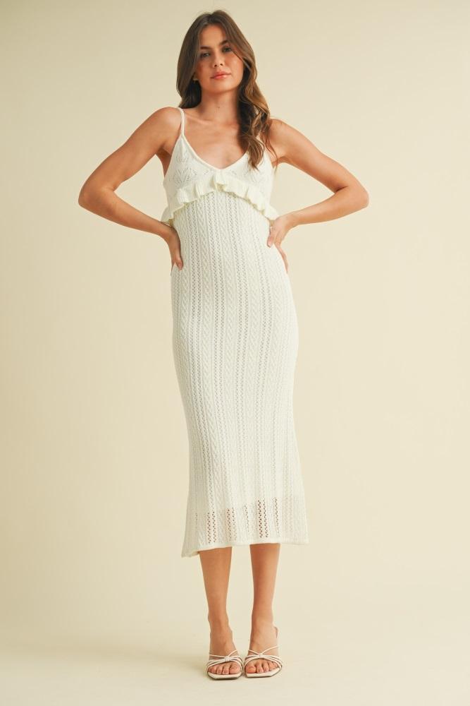 ivory sleeveless frill sweater midi dress