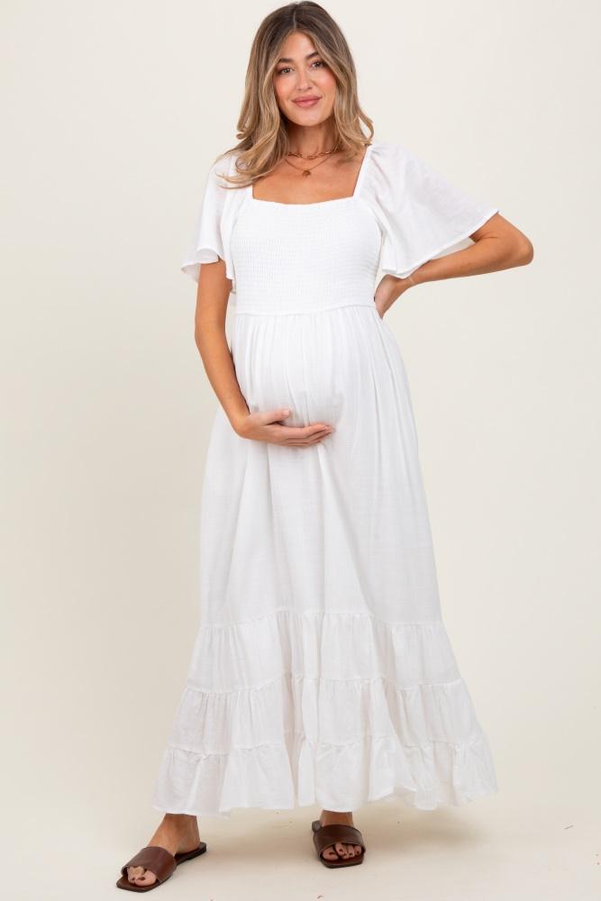 ivory smocked cotton flutter sleeve maternity maxi dress