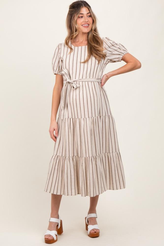 ivory stripe tiered tied waist maternity midi dress