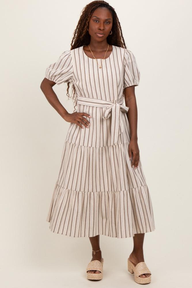 ivory stripe tiered tied waist midi dress