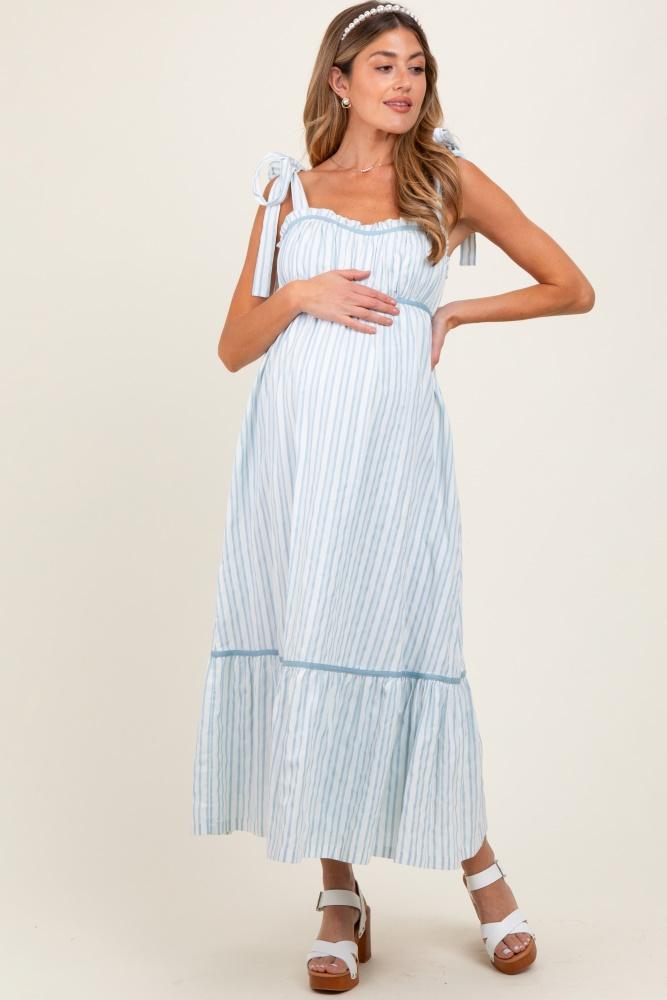 ivory striped bow-tie maternity maxi dress