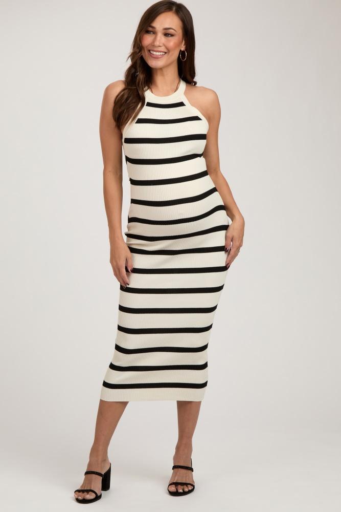 ivory striped fitted maternity knit dress
