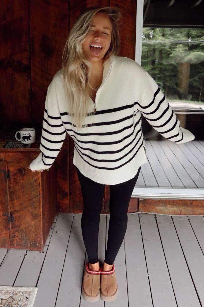 ivory striped half zip sweater