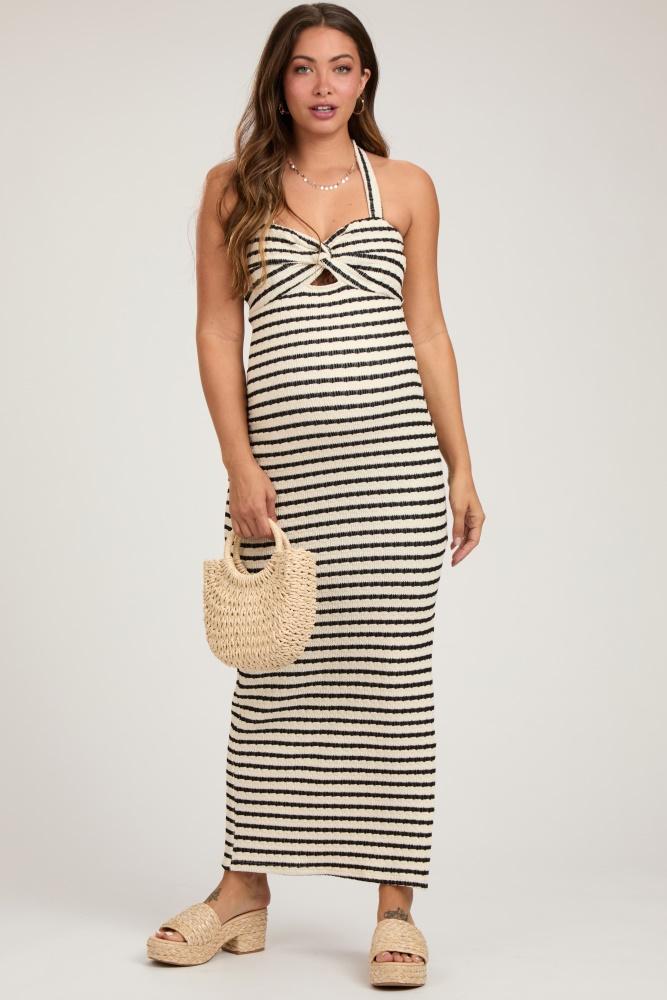 ivory striped twist front halter maternity midi dress