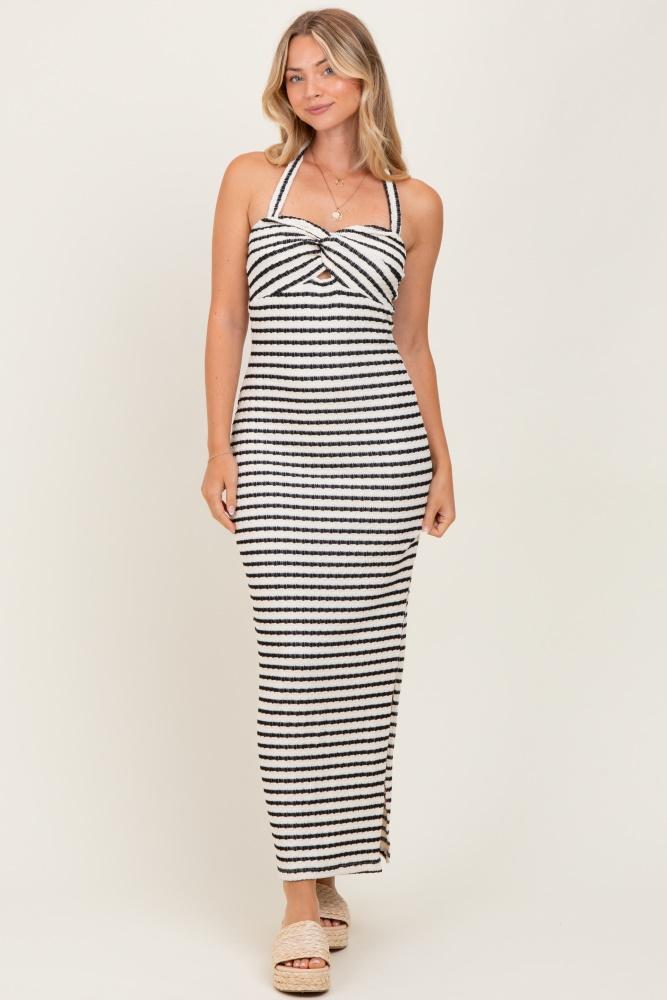 ivory striped twist front halter midi dress