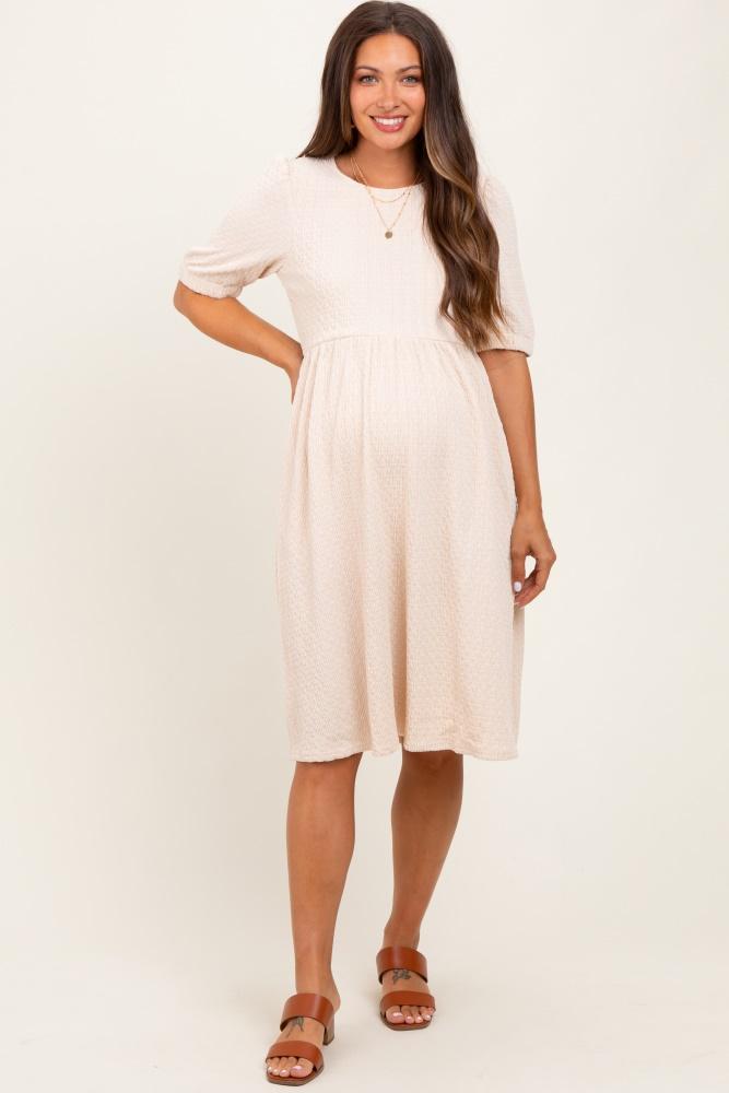 ivory textured knit puff sleeve maternity midi dress