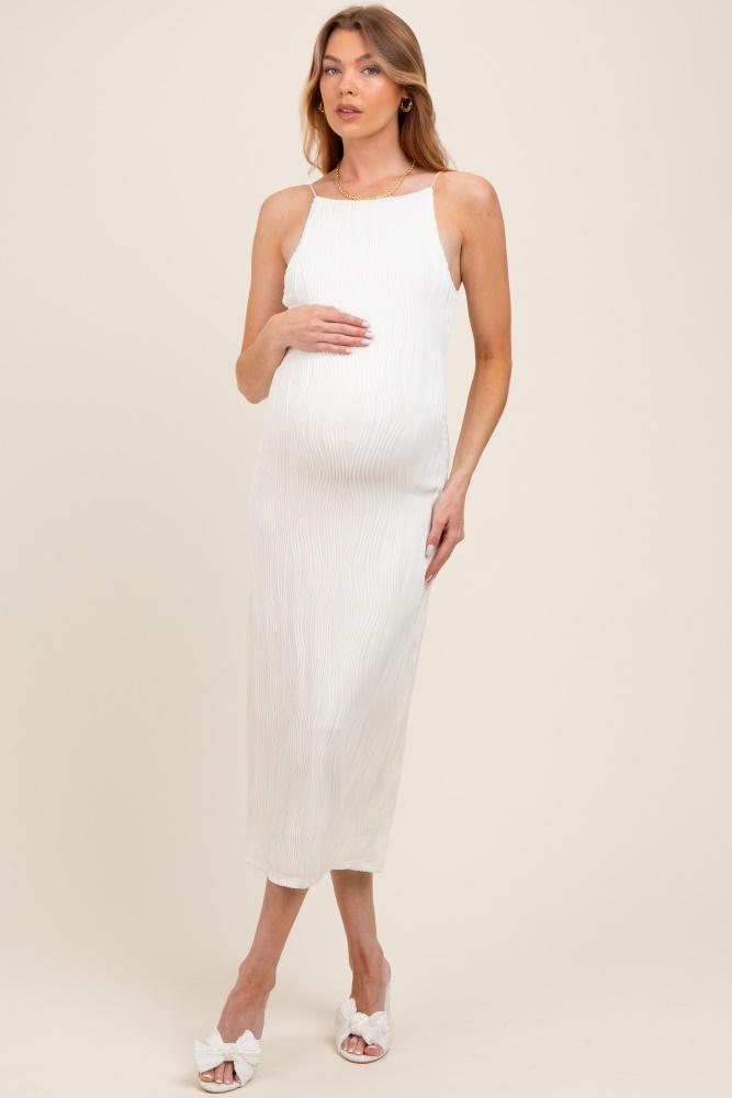 ivory textured sleeveless fitted maternity midi dress
