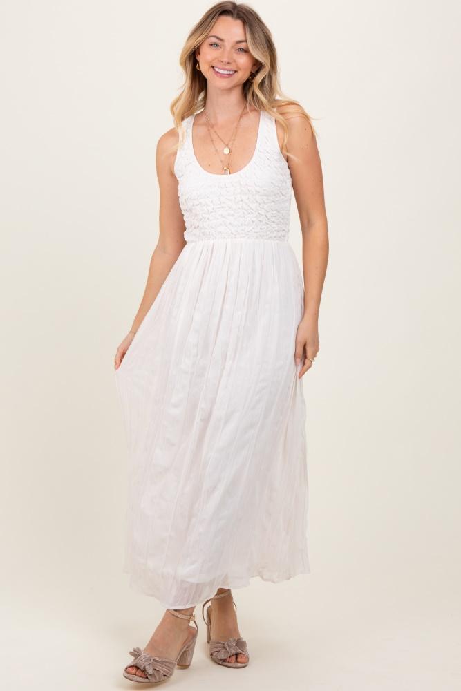 ivory textured smocked bodice sleeveless maxi dress