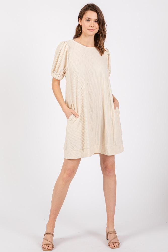 ivory textured stripe knit short puff sleeve dress