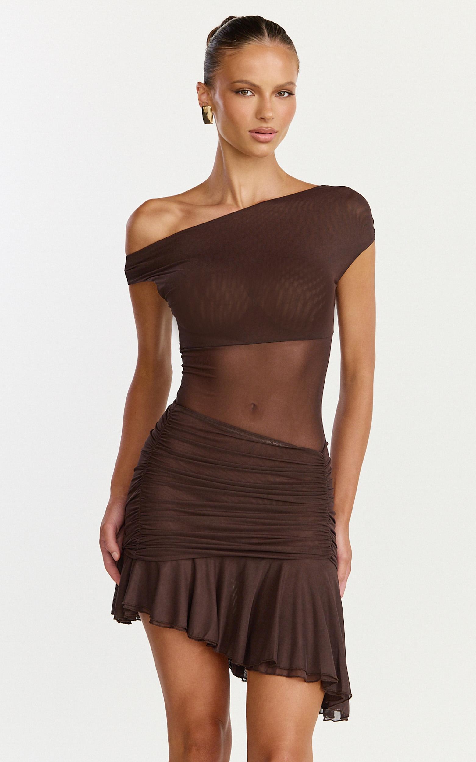 ivy mini dress - tip shoulder asymmetric ruched yoke dress in chocolate