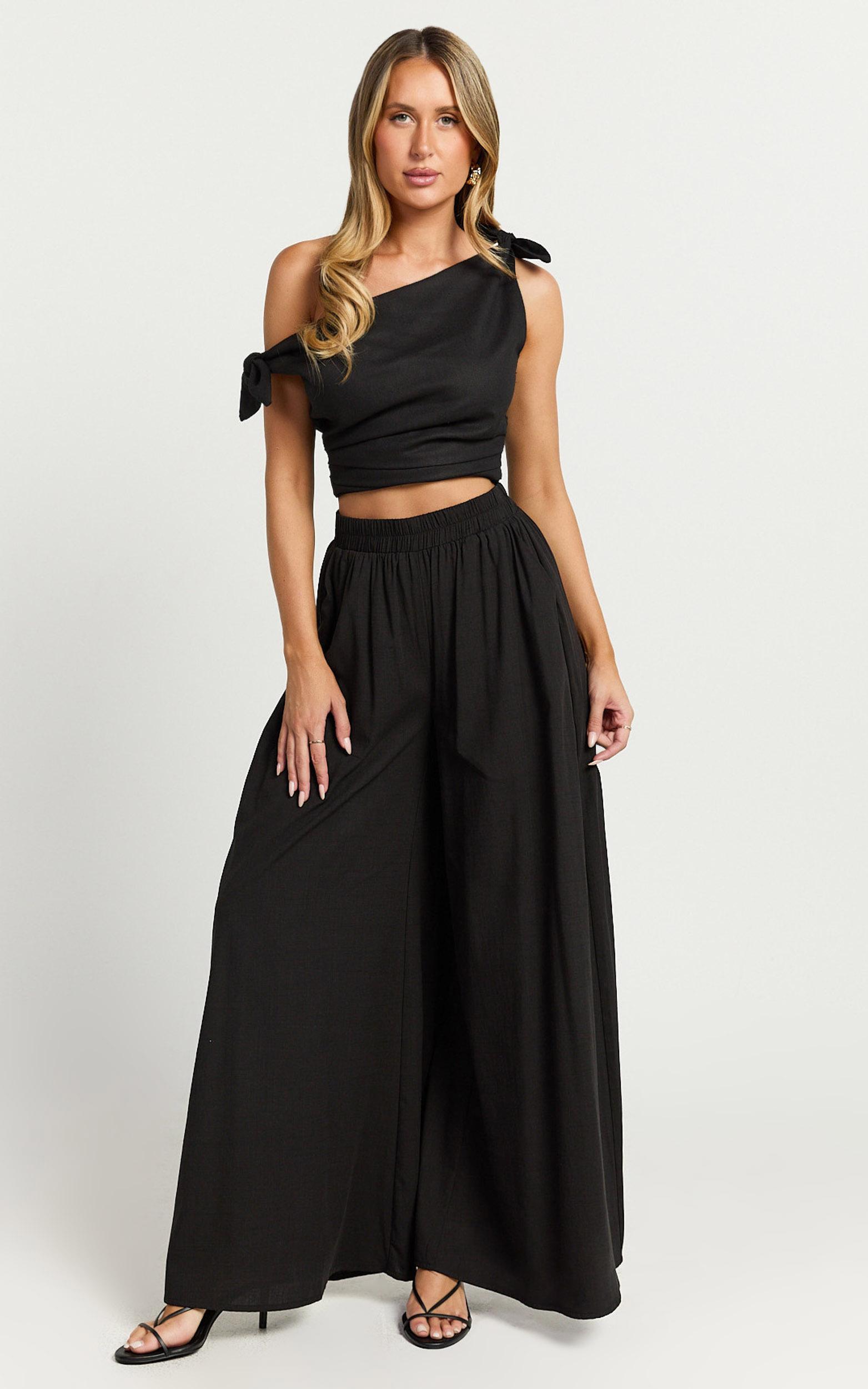 ivy top - linen off shoulder tie top in black