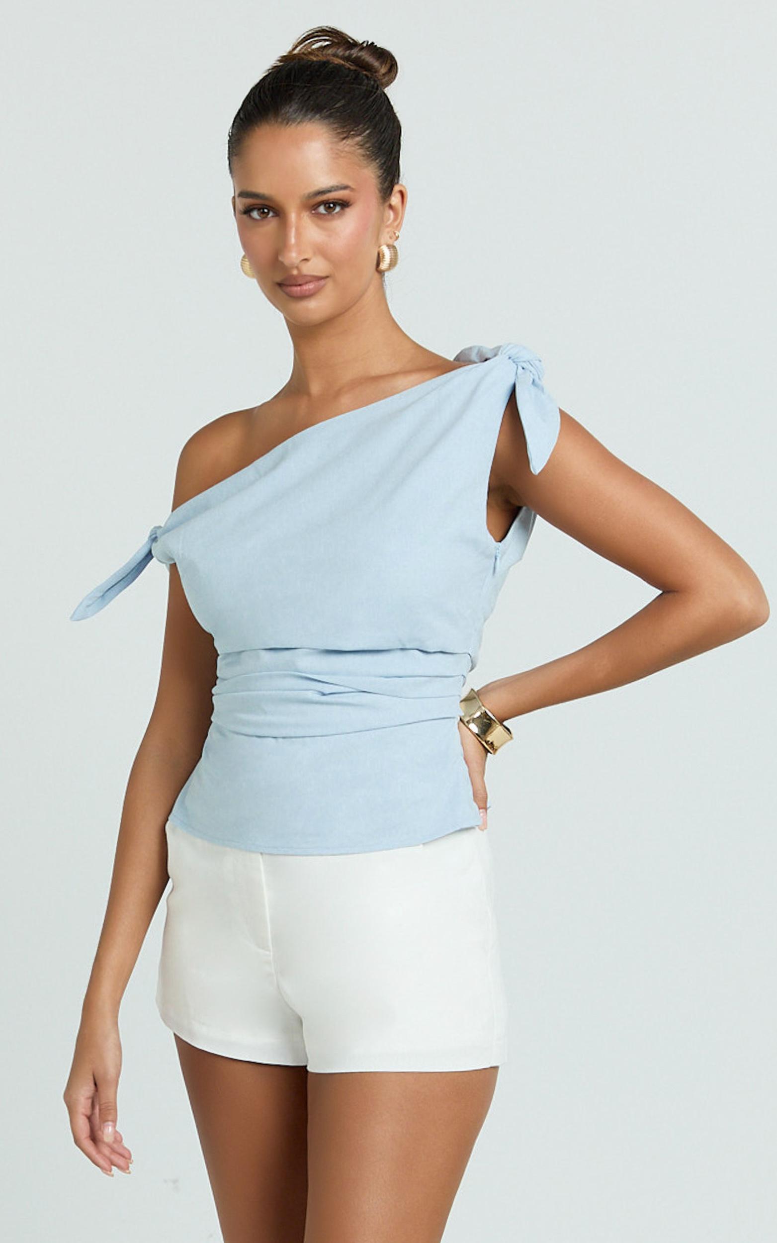 ivy top - linen off shoulder tie top in pale blue
