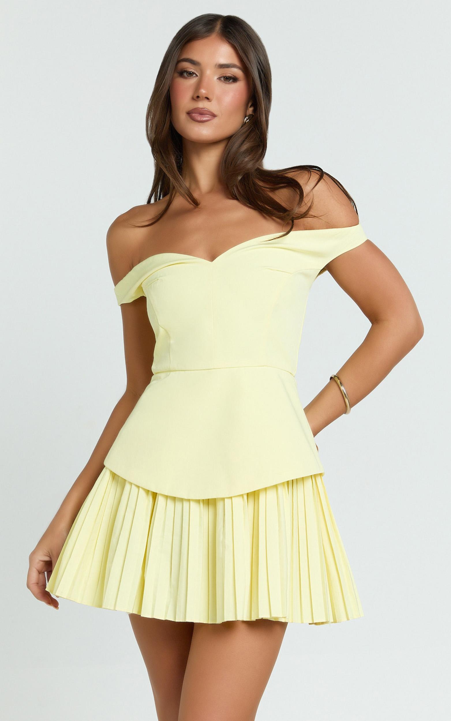izara mini dress - off shoulder pleated dress in lemon