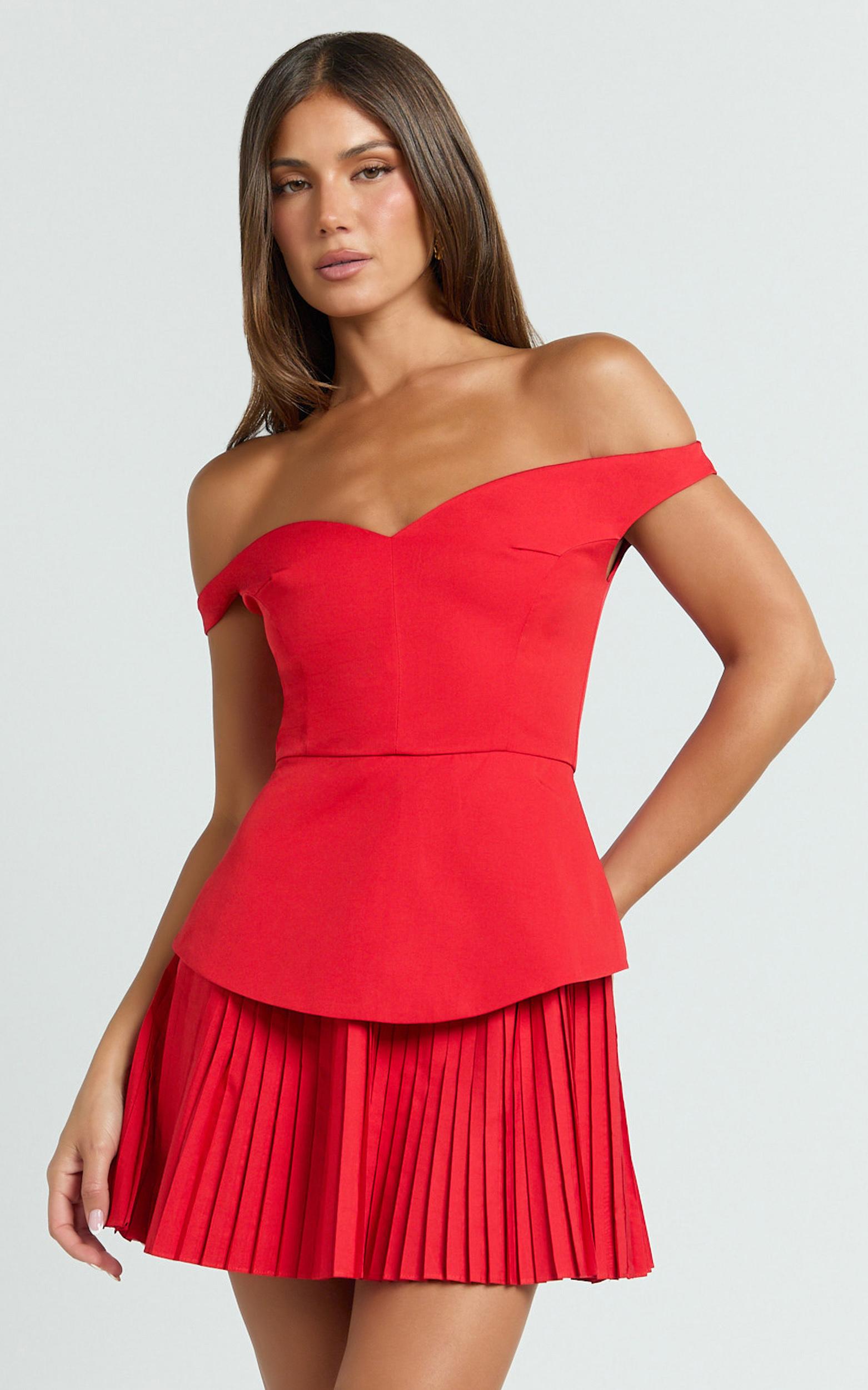 izara mini dress - off shoulder pleated dress in red