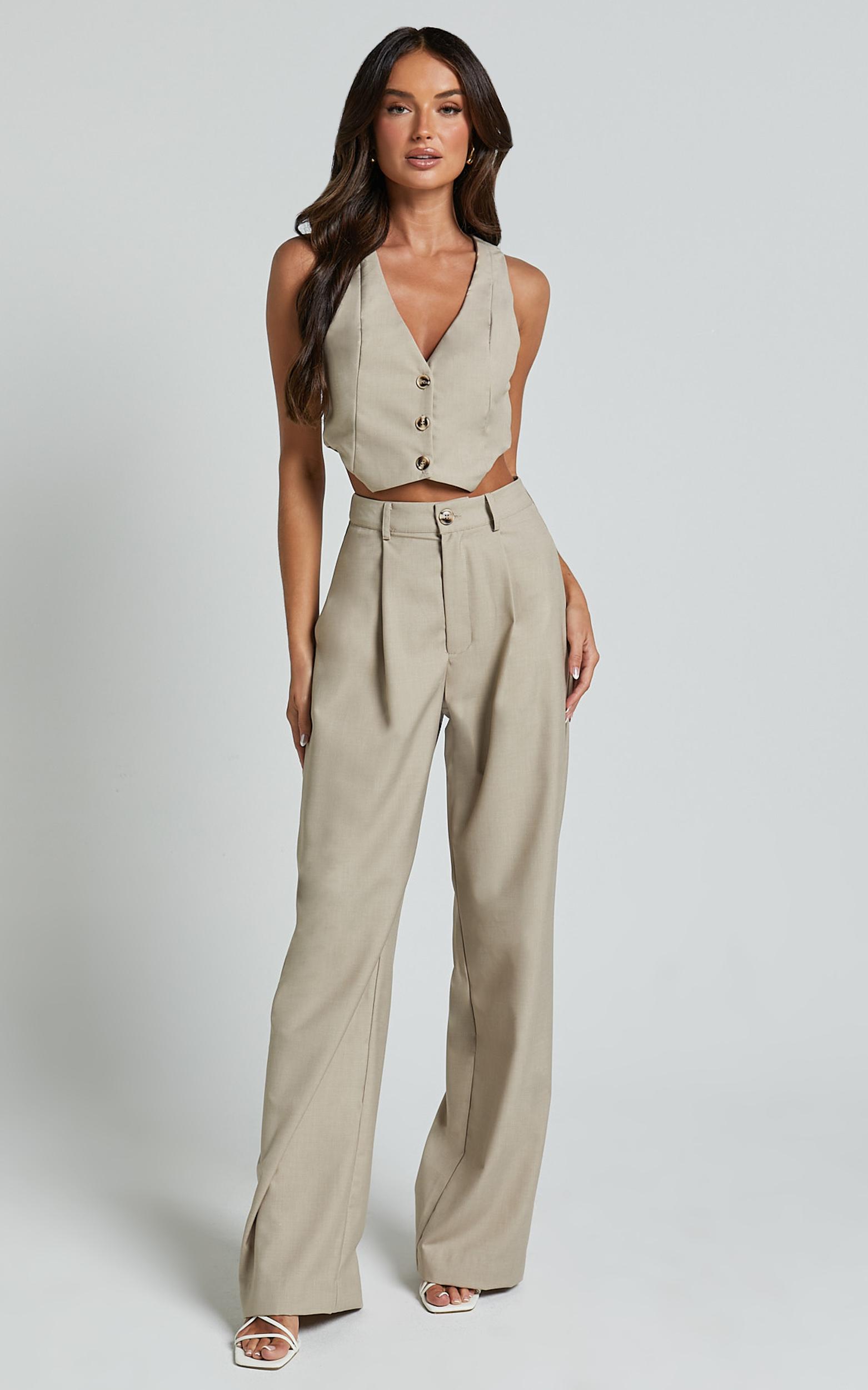 izara trousers - mid rise relaxed straight leg tailored trousers in oatmeal
