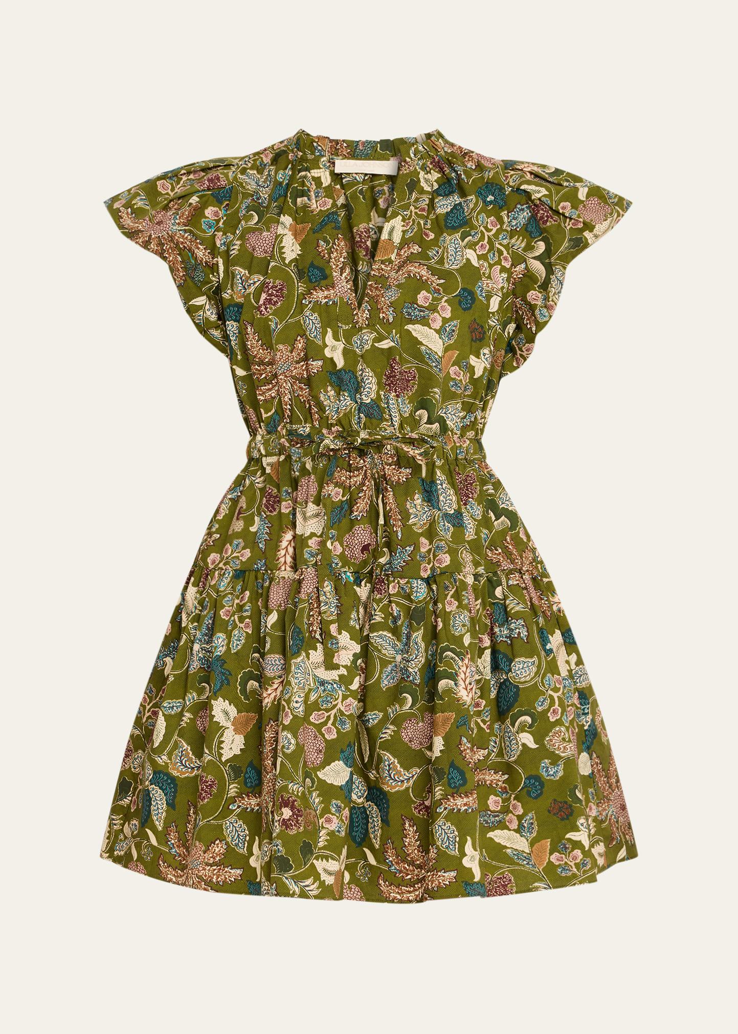 izel paisley-print cotton puff-sleeve tie-waist mini dress