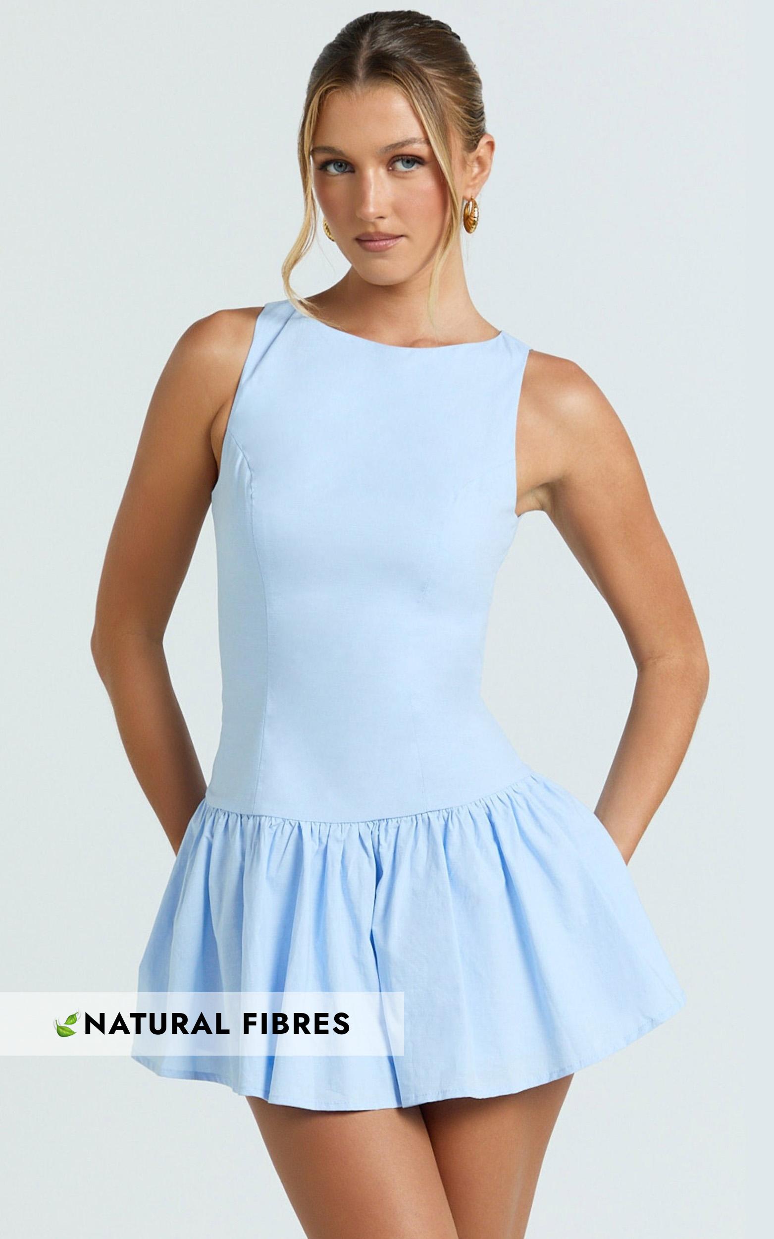 izira mini dress - boat neck drop waist shift dress in blue