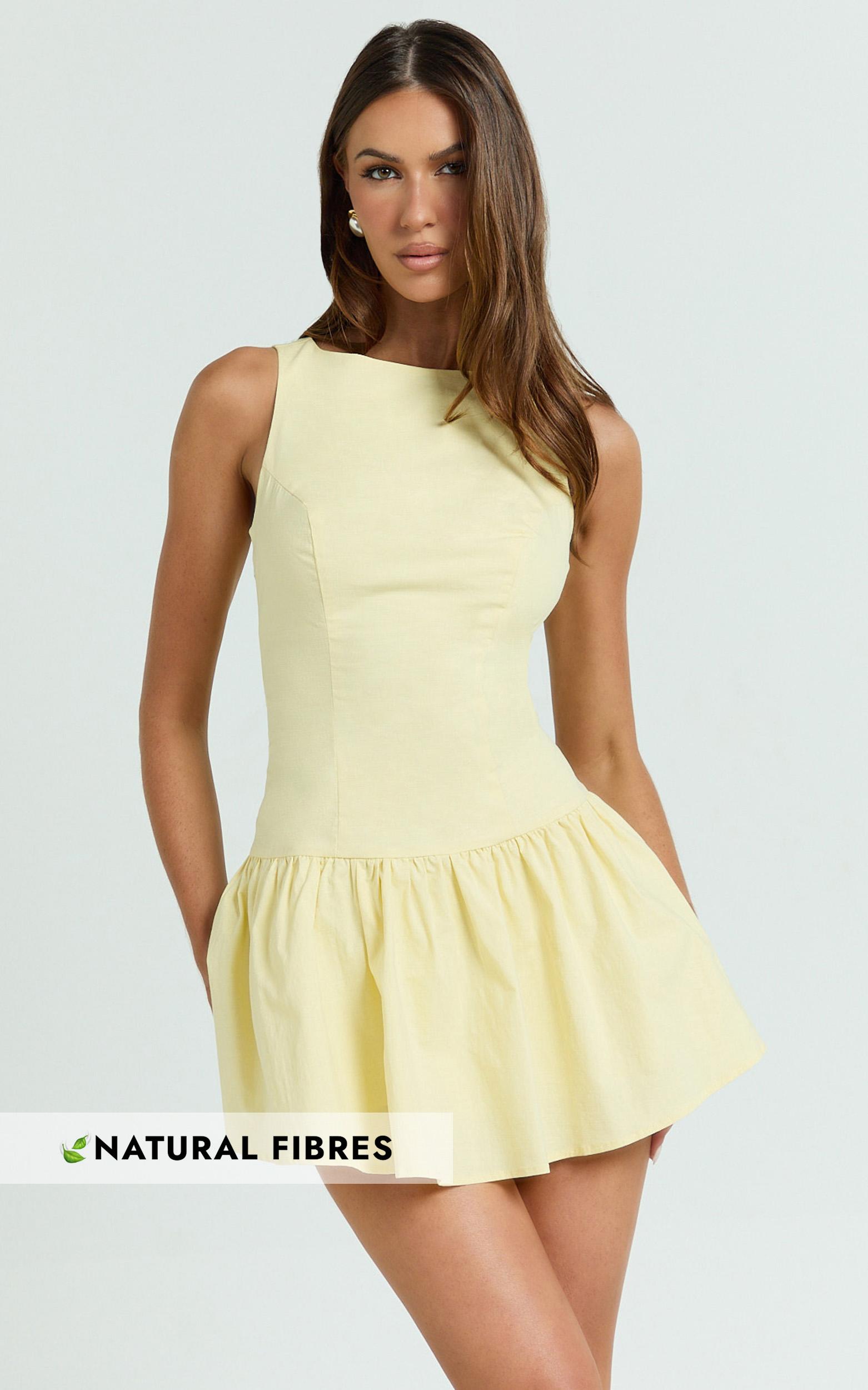 izira mini dress - boat neck drop waist shift dress in butter yellow