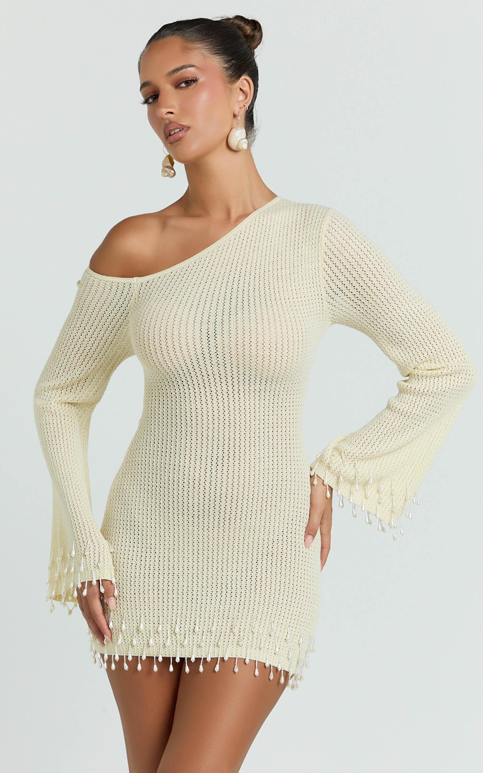 izira mini dress - knit one shoulder long sleeve pearl bead dress in ivory