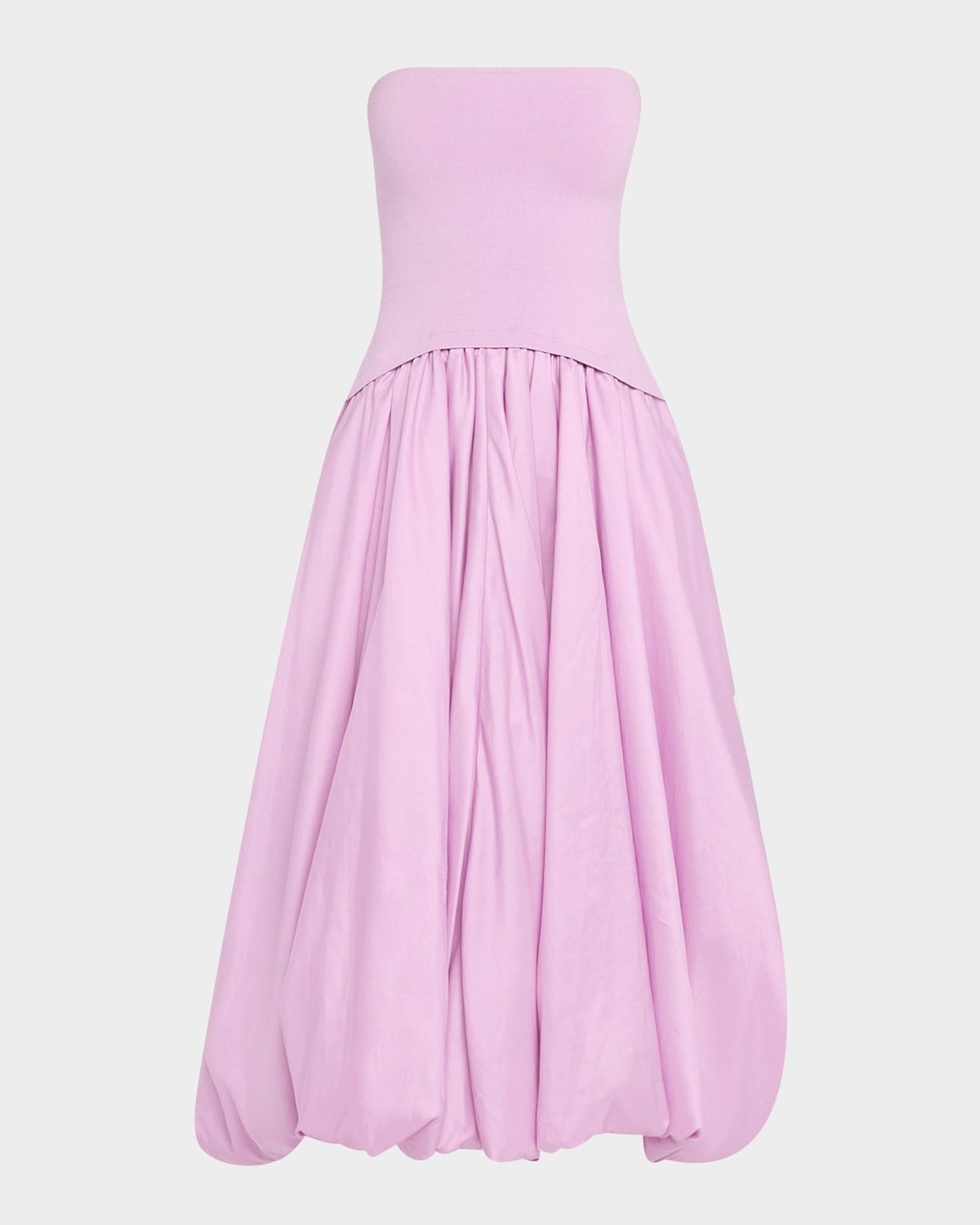 izzy strapless mixed media bubble midi dress