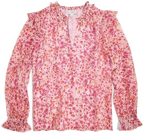 j.crew mercantile women's long sleeve ruffle-collar v-neck top (xs, pink vibrant orange)