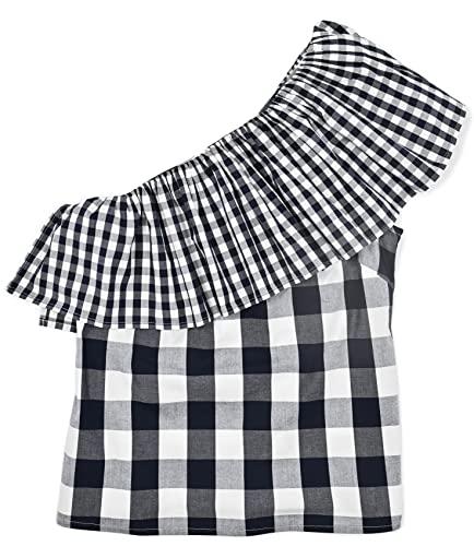 j.crew mercantile women's one-shoulder ruffle poplin tank (0, dark navy/white mixed gingham)