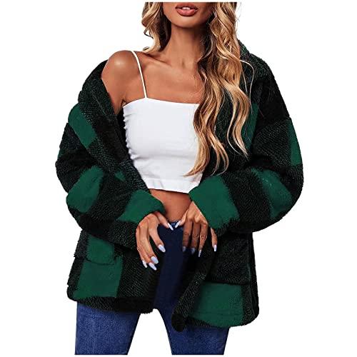 jackets for women trendy, housecoats for women, early today, fur coats for women 2024 fall winter plaid jackets button warm long sleeve tops cardigan outerwear pockets, green,medium