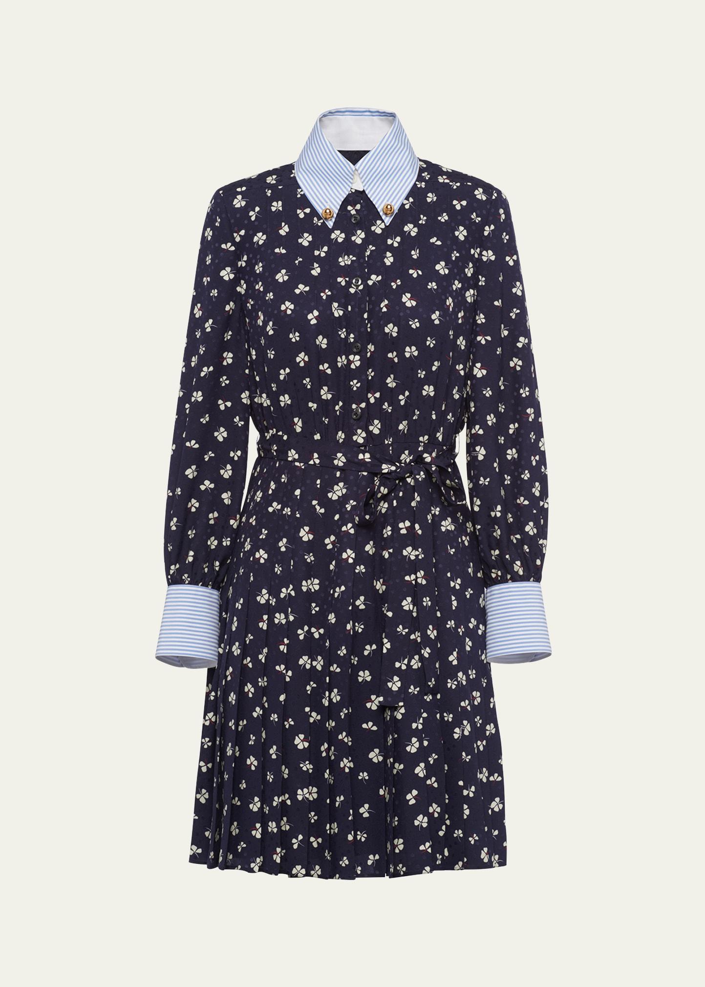 jacquard flower pleated belted mini dress
