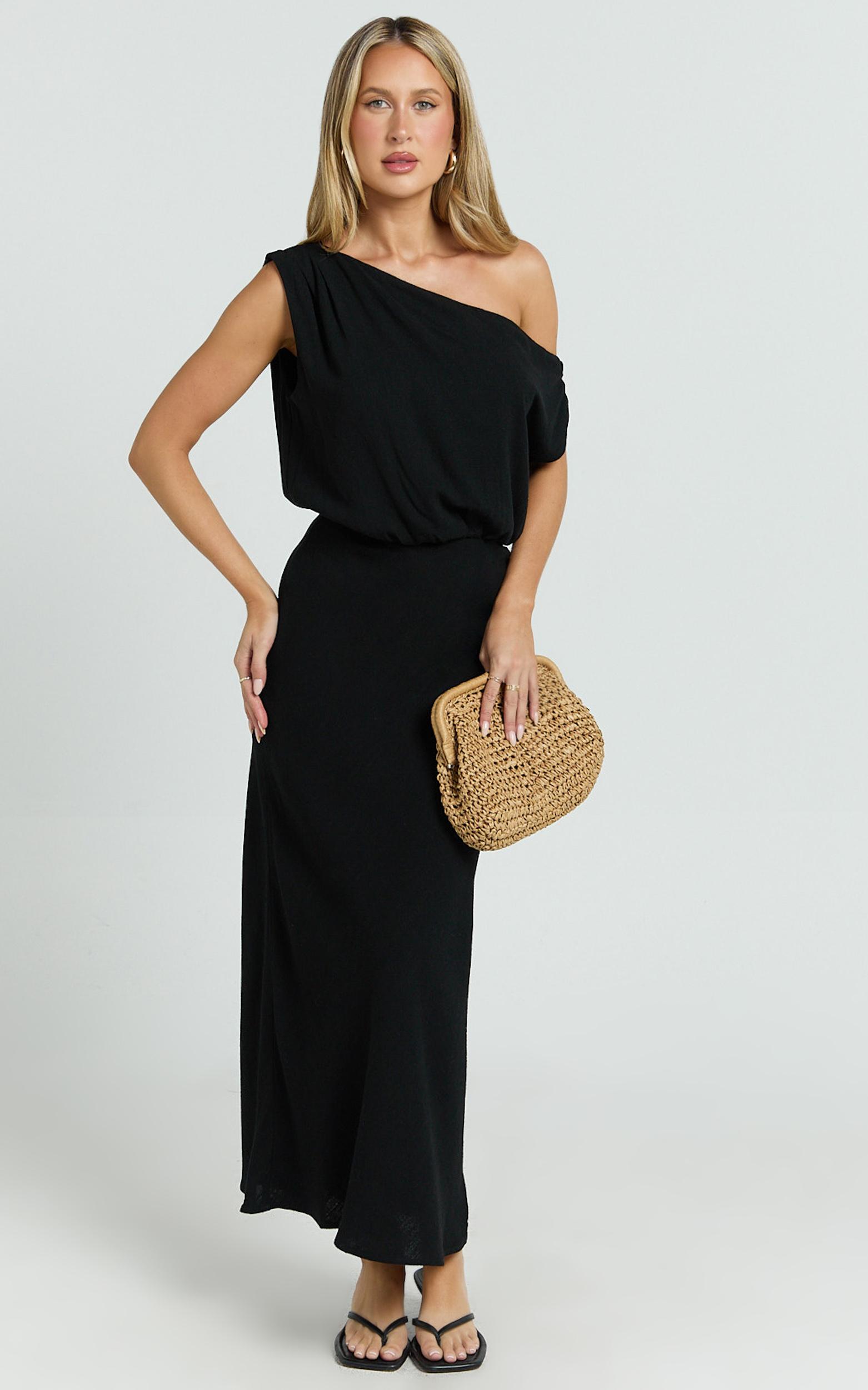 jacqueline midi dress - linen one shoulder dress in black