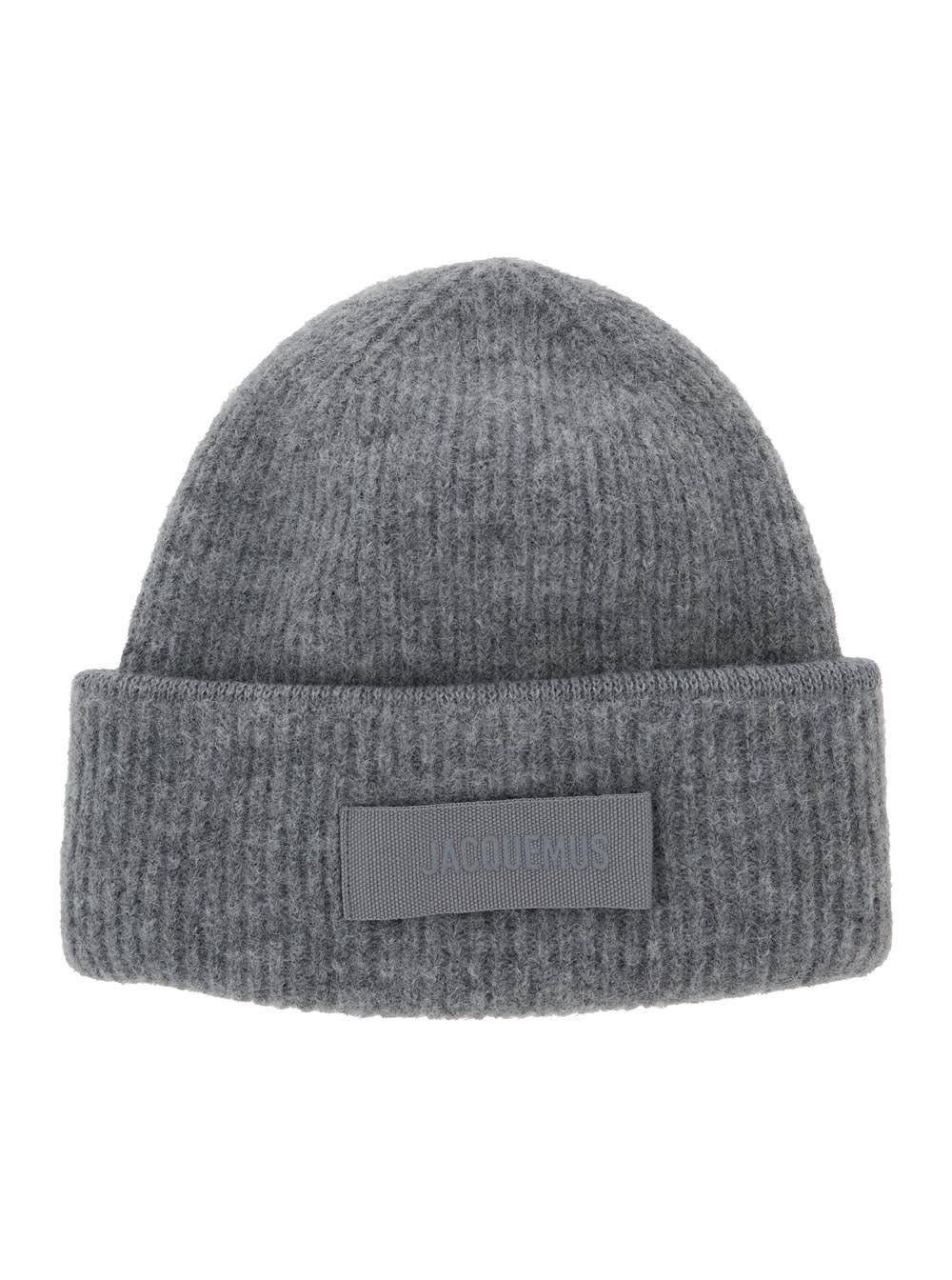 jacquemus grey le bonnet gros grain with logo patch on the brim in cashmere and wool man