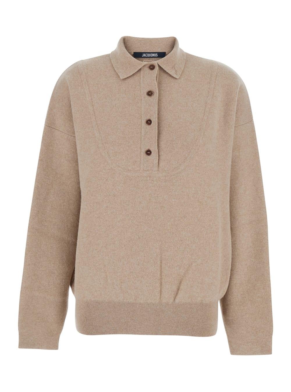 jacquemus la maille vareuse pallone beige sweater with polo shirt style collar in wool and cashmere stretch woman