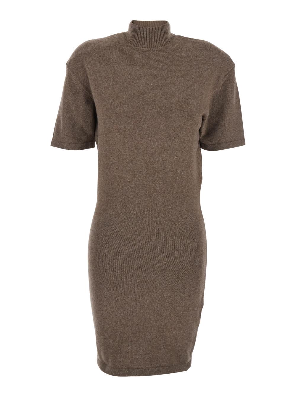 jacquemus la robe maille castagna brown dress with high ribbed neck in wool woman