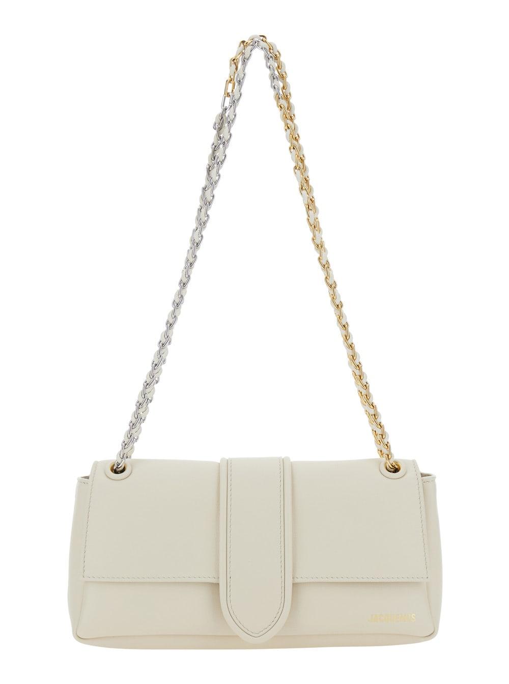 jacquemus le bambino chaine white shoulder bag with chain strap and logo on the front in leather woman